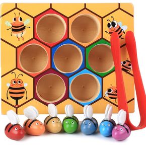 YUNCHY Toddler Fine Motor Skill Toy, Bee to Hive Matching Game, Montessori Wooden Color Sorting Matching Toy, Preschool Educational Learning Toys Gift for Toddler 2 3 Years Old