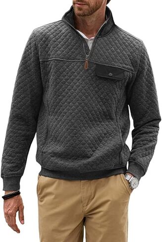 Men's Quarter Zip Sweatshirt Casual Long Sleeve Mock Neck Pullover Geometric Texture Polo Sweatshirts with Pocket in Kuwait