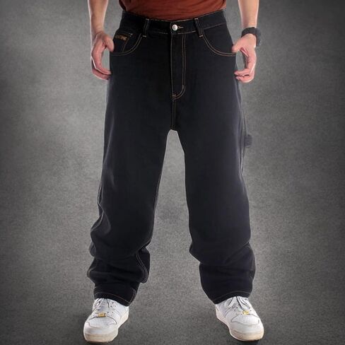 Ruiatoo Men's Baggy Jeans Classic Plain Loose Hip Hop Pants Dance Black Jeans Denim in Kuwait