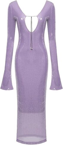 meilun Deep V Dress with Drawstring Long Sleeve Sequin Dress for Women Long Gown in Kuwait