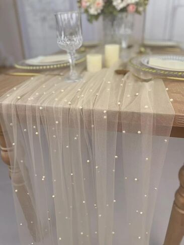 4 قطع 10 أقدام 60 × 120 بوصة مفرش طاولة لؤلؤ الشمبانيا أنيق من البوليستر مع لمسات من اللؤلؤ الاصطناعي مفرش طاولة طويل جدًا من التول لحفلات الزفاف in Kuwait
