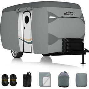 RV Cover, Upgraded 7 Layers top travel trailer cover Fits 14'- 16'RV, Waterproof camper Cover for Toy Hauler with Tongue Jack Cover, Gutter Covers