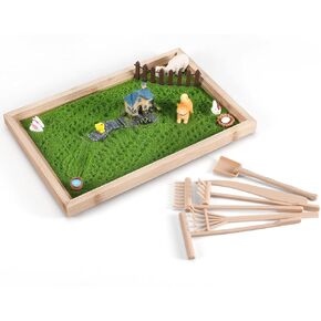 Japanese Zen Garden for Desk, Mini Small Farm Zen Garden Kit for Desk, Meditation Accessories Desktop Sandbox, Relaxing Claiming Gift for Man Women, Green Sand with Wooden Tray, Z metnal, Not a Toy