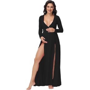 JustVH Maternity Elegant Fitted Maternity Gown Long Sleeve Cross-Front V Neck Slim Fit Maxi Photography Dress for Photoshoot