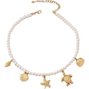 Seashell Necklace for Women Gold Starfish Necklace Charm Pearl Necklace Trendy Chunky Starfish Shell Pendant Necklace Beach Charm Necklace Ocean Seashell Jewelry for Women