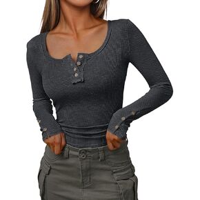 Kissfix Women's Long Sleeve Shirts Casual Fall Henley Top Button Down Blouses Basic Ribbed Knit T Shirts