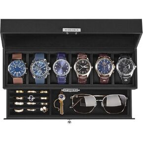SONGMICS 8-Slot Watch Box, Lockable Watch Case with Glass Lid, 2 Layers, with 1 Drawer for Rings, Bracelets, Gift Idea, Black Synthetic Leather, Black Lining UJWB080B01