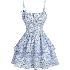 Women's Floral Print Knot Sleeveless Dress Ruched Tiered Layer Ruffle Hem Cami Dresses Boho Summer Mini Dress in Kuwait