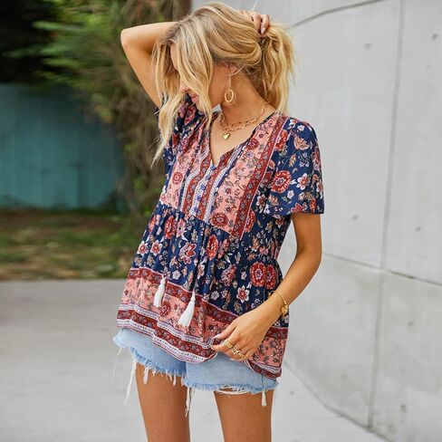 KAYWIDE Women's Floral Print V Neck Ruffle Short Sleeve Summer Shirts Tops Casual Loose Boho Blouses in Saudi Arabia