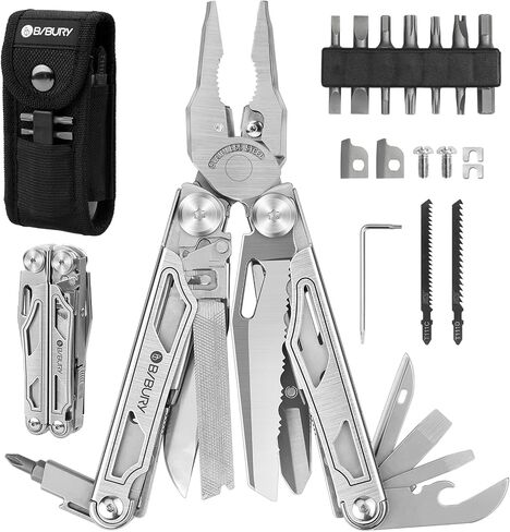 Gifts for Men, BIBURY Multitool Pliers Pro with Replaceable Wire Cutters and Saw, Stainless Steel Multi Tool w/Upgraded Scissors and Screwdriver Set, Multipurpose Tool for Camping, Survival (Black) in Saudi Arabia