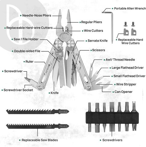 Gifts for Men, BIBURY Multitool Pliers Pro with Replaceable Wire Cutters and Saw, Stainless Steel Multi Tool w/Upgraded Scissors and Screwdriver Set, Multipurpose Tool for Camping, Survival (Black) in Saudi Arabia