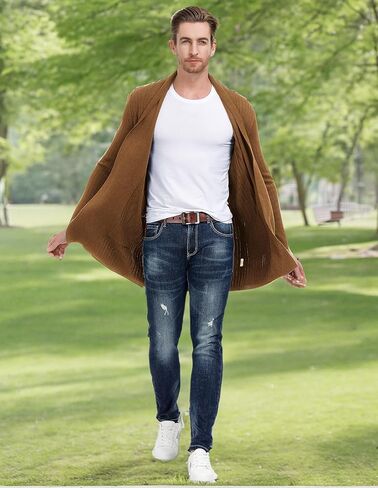 Men's Shawl Collar Open Front Long Cardigan Ribbed Knit Sweater with Pockets in Saudi Arabia