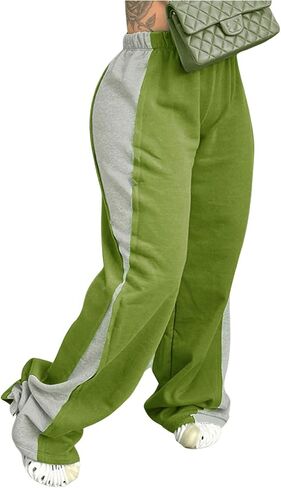 Women's Color Block Wide Leg Sweatpants Casual Elastic Waist Jogger Pants Trousers in Kuwait