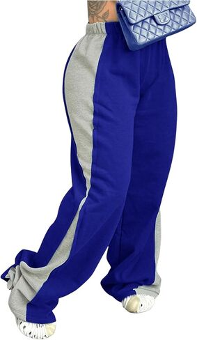 Women's Color Block Wide Leg Sweatpants Casual Elastic Waist Jogger Pants Trousers in Kuwait