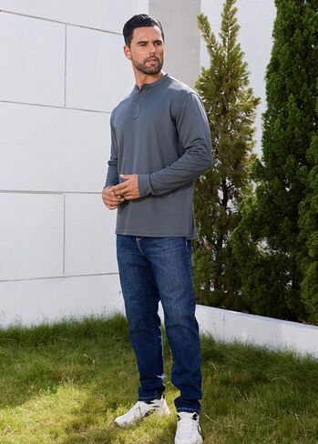Men Henley Shirts Long Sleeve Polo Shirt Basic Tee Casual T-Shirt Button Collared Lightweight Quick Dry Top in Saudi Arabia