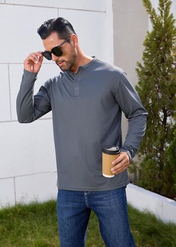 Men Henley Shirts Long Sleeve Polo Shirt Basic Tee Casual T-Shirt Button Collared Lightweight Quick Dry Top in Saudi Arabia