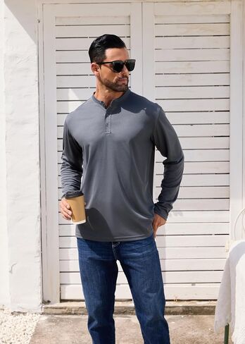 Men Henley Shirts Long Sleeve Polo Shirt Basic Tee Casual T-Shirt Button Collared Lightweight Quick Dry Top in Saudi Arabia