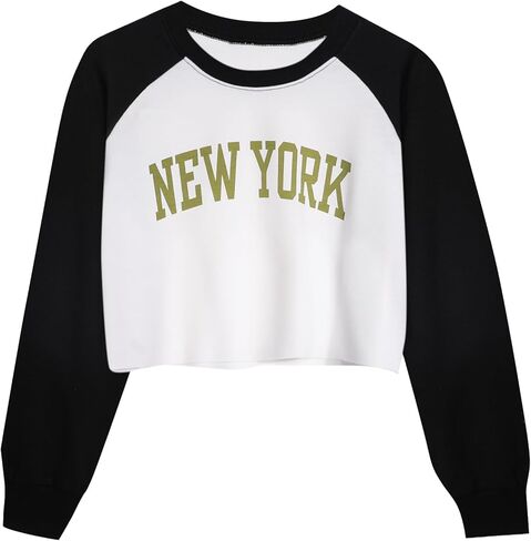المرأة LovelyWholesale الرسم Crewneck سوياتشيرتس عارضة طويلة الأكمام اقتصاص قمم in Kuwait