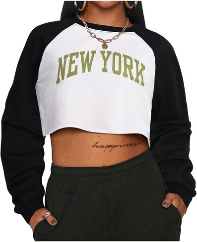 المرأة LovelyWholesale الرسم Crewneck سوياتشيرتس عارضة طويلة الأكمام اقتصاص قمم in Kuwait