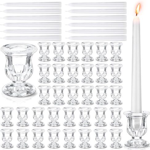 48 Pcs Christmas Candle Holders Set Include Bulk 24 Clear Taper Candlestick Holders 24 White Taper Candles Tall Candlesticks for Table Centerpiece Wedding Birthday Anniversary Party Decor in Saudi Arabia