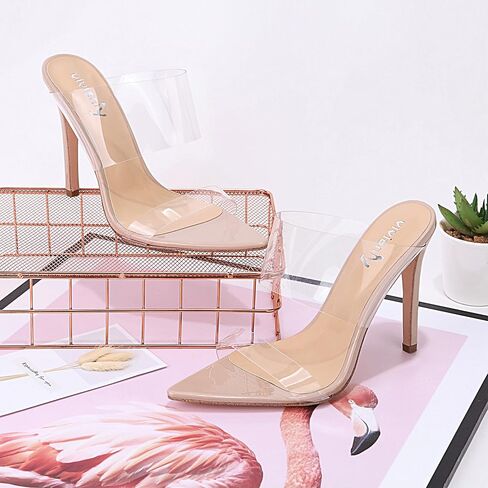vivianly Clear Pointed Toe Heels Sandals Transparent Strap Stiletto High Heels Slip on Mules for Women in Saudi Arabia