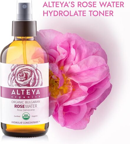 Alteya Organics Rose Water USDA Certified Organic Facial Toner, 8 Fl Oz/240mL Pure Bulgarian Rosa Damascena Flower Water, Award-Winning Moisturizer Amber Glass Spray Bottle in Kuwait