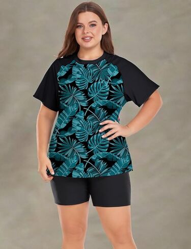 Davena Women's Plus Size 2 Piece Rash Guard Short Sleeve Swimsuit with Boyshorts Swim Shirt UPF 50+ in Kuwait