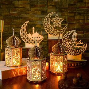 9 Pcs Eid Decorations Ramadan Lanterns with LED Tea Lights Moon Hollow Eid Plaque Set Eid Mubarak Table decor Muslim Wooden Hanging Lantern Night Light for Ramadan Kareem Party Decorations