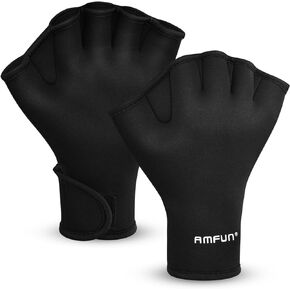 AMFUN Aquatic Gloves, Webbed Swimming Gloves, Water Training Paddle with Adjustable Wrist Strap, Aquatic Fitness Accessories for Diving Surfing Hand Men Women（Black - L Size