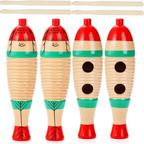 Yopay 4 Pack Guiro Instrument Fish Shaped, Latin Percussion Instrument for Kids, Colorful Wooden Musical Instruments with Rhythm Sticks for Girls, Boys, Adults, Educational Early Learning