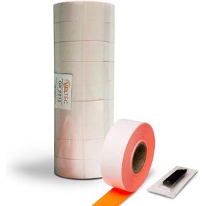 ملصقات تسعير Veltec 2212 باللون الأحمر الفلوريسنت لـ Garvey والاتصال 22-6، 22-7، 22-8 مسدس/ملصقات أسعار، بكرة حبر مجانية - 9 بكرات، 11,000 ملصق مع فتحات أمان