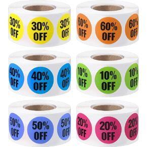 3000 Pieces Percent Sticker 10 to 60 Percent Stickers Labels Adhesive Labels Sale for Retail Store, 7/8 Inch Circle Price Marker Tag, 6 Rolls(Vivid Style)