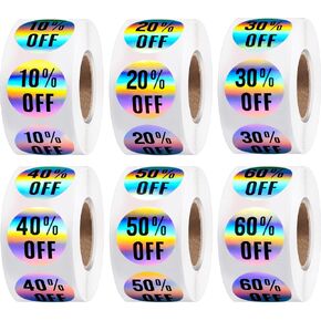 3000 Pieces Percent Sticker 10 to 60 Percent Stickers Labels Adhesive Labels Sale for Retail Store, 7/8 Inch Circle Price Marker Tag, 6 Rolls(Vivid Style)