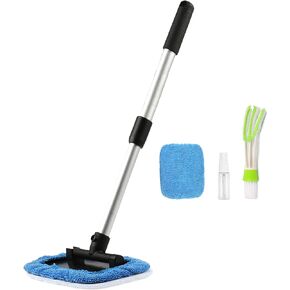 Windshield Cleaning Tool Car Window Cleaner Inside Windshield Wiper Brush Tool Scalable and rotatable Long Handle （22inch） with Washable Microfiber Cloths Pads