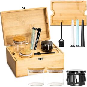 Adealistic Bamboo Storage Box for Herbs with Accessories - Working Tray, Airtight Glass Jars, Brush -Decorative Design