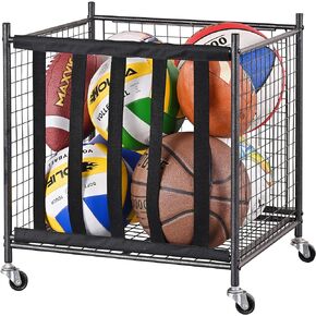 Mythinglogic Rolling Sports Ball Storage Cart, Sports Lockable Ball Storage Locker with Elastic Straps, Stackable Ball Cage for Garage Storage Garage Organizer