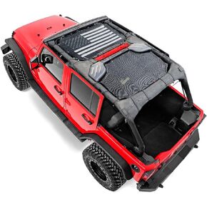 Savadicar Sunshade Top, Mesh Sun Shade Cover, UV Blocker Bikini Screen with USA Flag Pattern for 2007-2018 Jeep Wrangler JK JKU 4 Door, Front and Rear 2 Pieces, Durable Polyester, Black