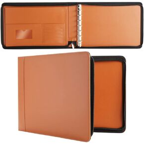 Stockroom Plus 7-Ring Business Check Binder with Zipper for Checkbooks Organization, Brown Zippered Portfolio Organizer, Professional PU Leather Folder Holder for Documents, Cards (15x12 in)