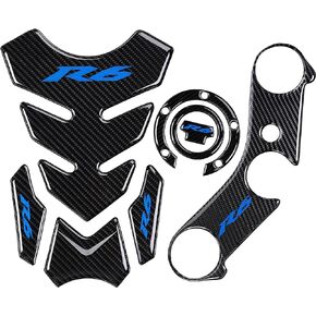 Real Carbon Fibre Gas Cap, Triple Tree Front End Upper, Top Clamp Decal Stickers, Tank Pad, Tank Protector for R6 600 2006-2016, 3 Pcs Per Set (Blue)