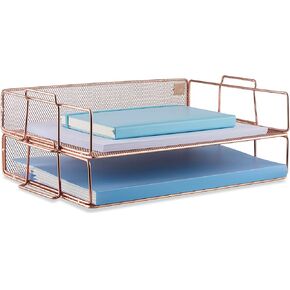 Mindspace 2 Tier Stackable Letter Tray Desk Organizer | Stackable Paper Tray Organizer | The Mesh Collection, Rose Gold