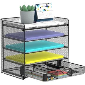 Desk Organizer 4 Tiers, Paper File Letter Organizer with Sliding Drawer, Mesh Sorting Organizer, Black, for Home Office School Classroom