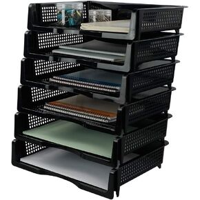 Plastic Stackable File Paper Storage Tray, Office Stackable Letter Tray, Black, 6 Pack