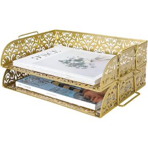 PAG 2 Packs Desktop File Organizer Metal Stackable Horizontal Letter Tray Paper Holder Rack, Gold
