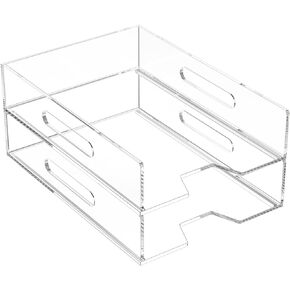 HIIMIEI Acrylic Paper Tray 2 Pack Clear Letter Tray Desk Stackable Organizer Tray for School, Home, Office Desk Accessories - Horizontal