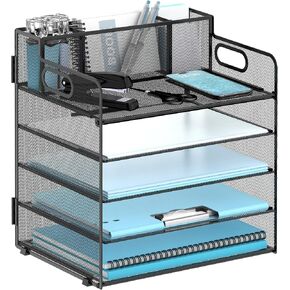 منظم صينية رسائل ورقية مكون من 5 طبقات مع حامل أقلام، وإكسسوارات مكتبية شبكية ومنظمات لمساحة العمل بمقبض، ومستلزمات مكتبية لفرز الملفات للمكتب، أسود in Kuwait