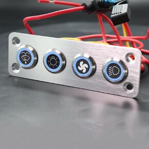 12 Volt Push Button Switch Panel IP65 Waterproof Aluminum Panel with Blue LED Lights for Marine RV Boat Caravan Truck Yacht(4 Gang)