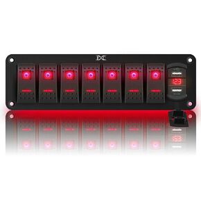 لوحة ألومنيوم بمفتاح هزاز للقوارب البحرية 7 جانج، DC 12V/24V 5Pin مفتاح تشغيل وإيقاف، مع شاشة عرض رقمية LED الفولتميتر ومقبس فتحة USB مزدوج 4.8 أمبير لشاحنة المركبات RV للسيارة، ضمان 3 سنوات