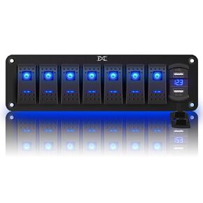 7 Gang Waterproof Marine Boat Rocker Switch Aluminum Panel, DC 12V/24V 5Pin ON-Off Switch, with LED Digital Display Voltmeter & 4.8A Dual USB Slot Socket for Car Rv Vehicles Truck, 3 Years Warranty in Kuwait
