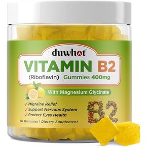 duwhot Vitamin B2 Gummies for Men & Women, Riboflavin 400mg Supplement for Migraine Relief, Lemon Flavor B2 Vitamins Gummies - 60 Chewable
