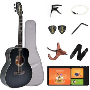 Smart Acoustic Electric Guitar with Lights, Smart Tuner, Music Recognition, Online Lesson, 36'' Travel Acustica Guitarra Guitar Starter Kit of Stand, Gig Bag, Strap, Strings (T2 Black) in Saudi Arabia